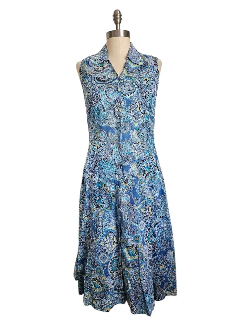 CHARTER CLUB Blue Paisley Sleeveless Cotton Button-Down Dress | SZ 10P